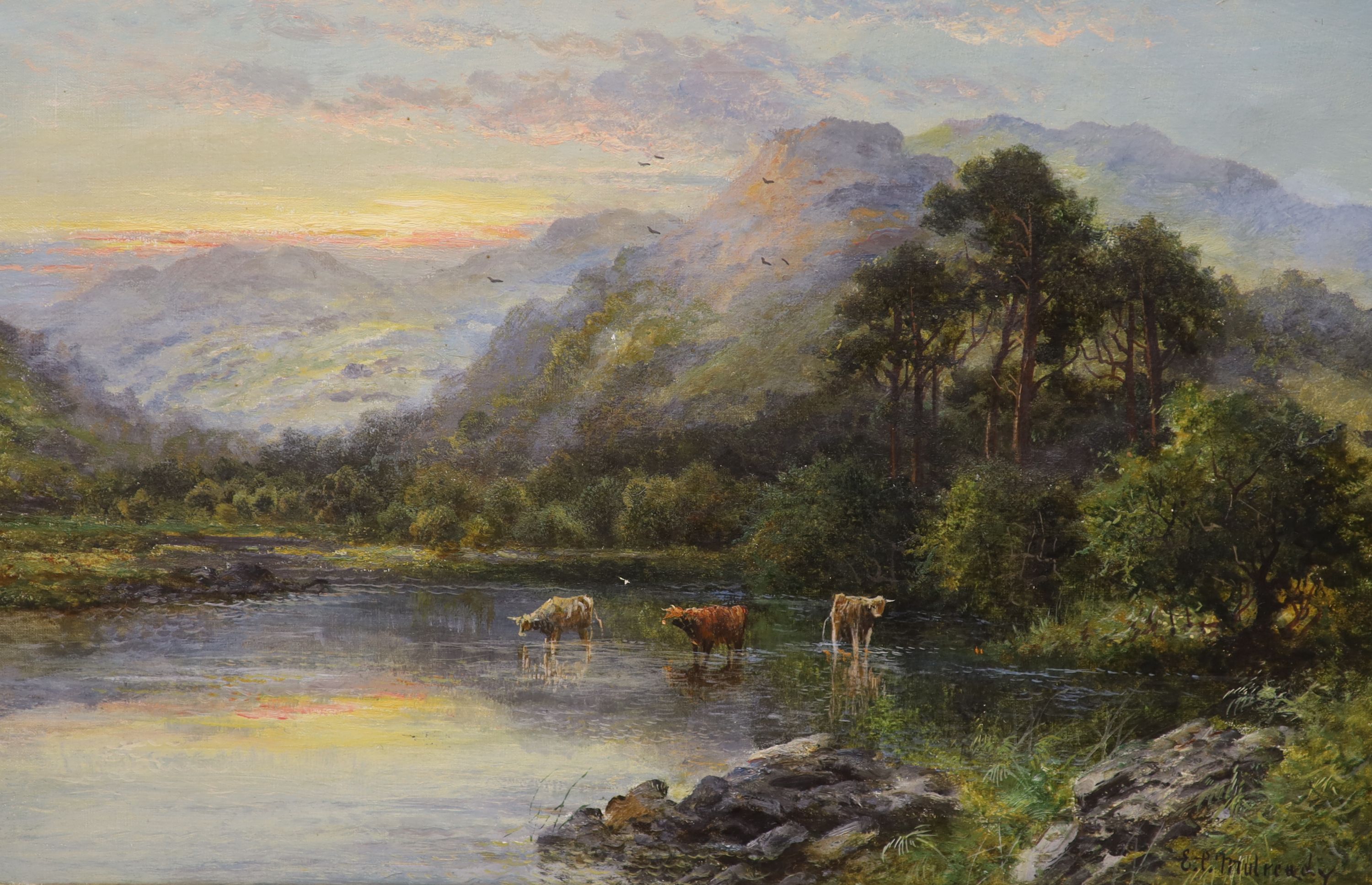 E C Mulready (19th century), a pair of Welsh (north Wales) landscape studies, 'Betys-y-Coed, N-Wales', with a cottage beside a river, and 'Capel Curig N-Wales', with Longhorn Cattle, signed lower right, oil on canvas, 40